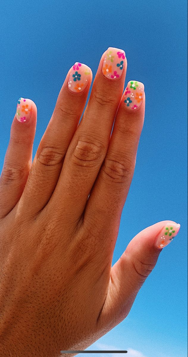 Natural Color Nails with Colorful Flowers. 