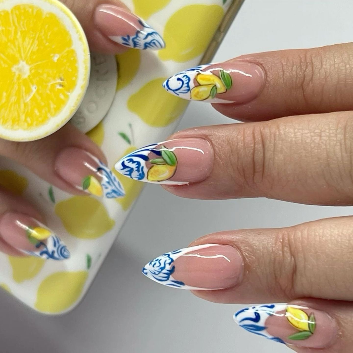 Lemon Inspired Nails with Blue Flowers on Tips. 