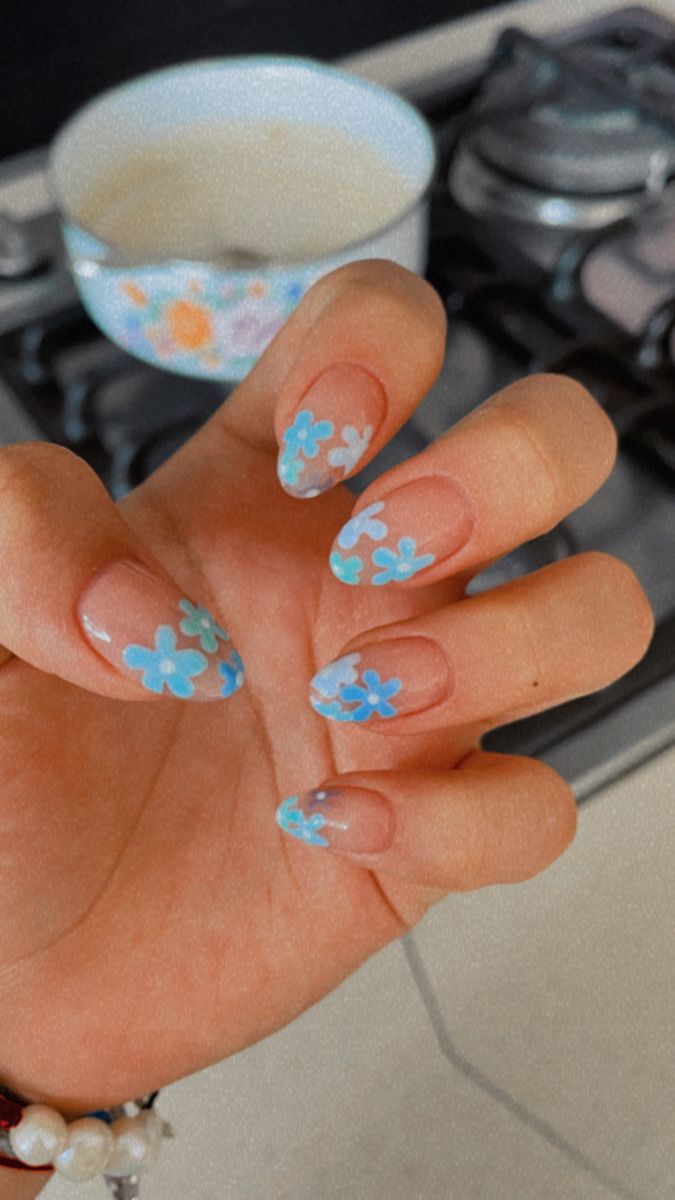 Baby Blue Flower Nails. 
