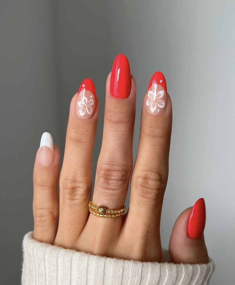 Red and White Hibiscus Flower Nails. 