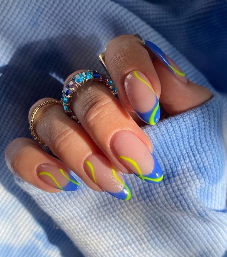Natural Color Nails with Blue Tips and Yellow Lines. 
