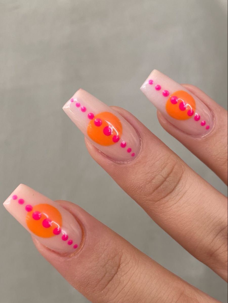 Pink Summer Nails with Red and Orange Dots. 