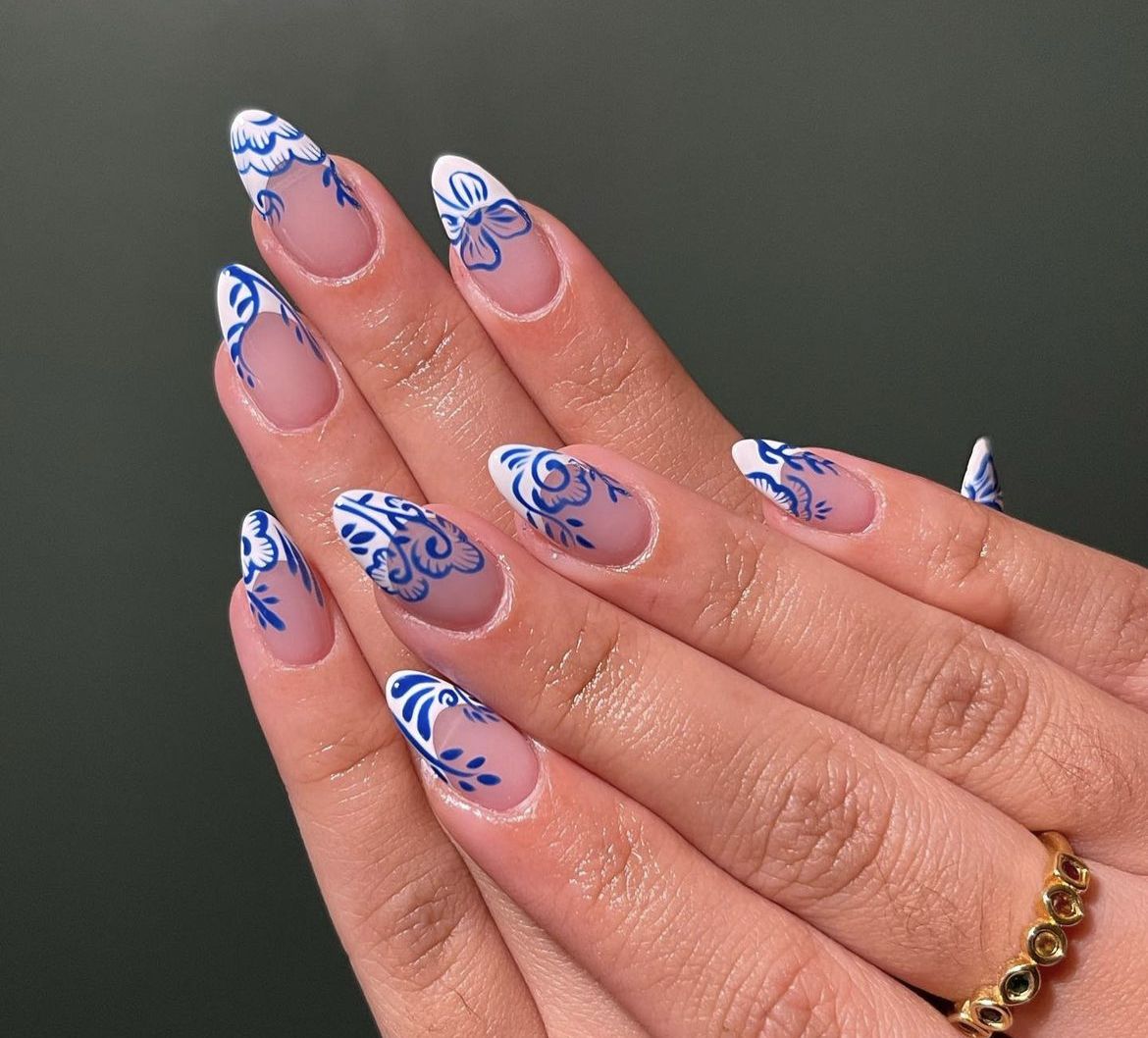 Natural Color Nails with White Tips and Blue Flowers. 