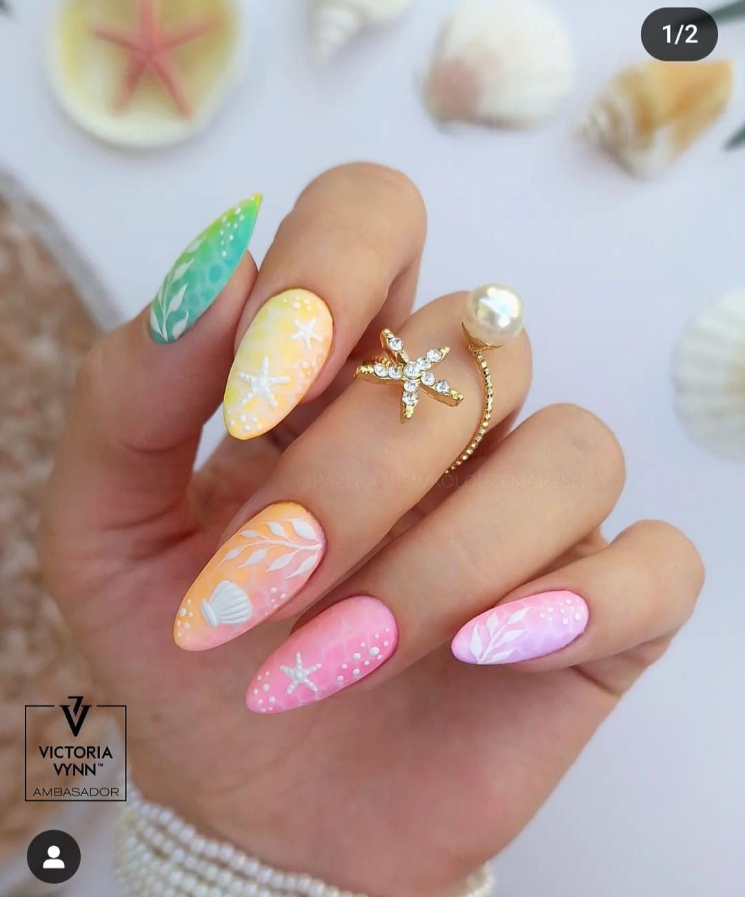 Pink Yellow and Green Ocean Inspired Nails. 