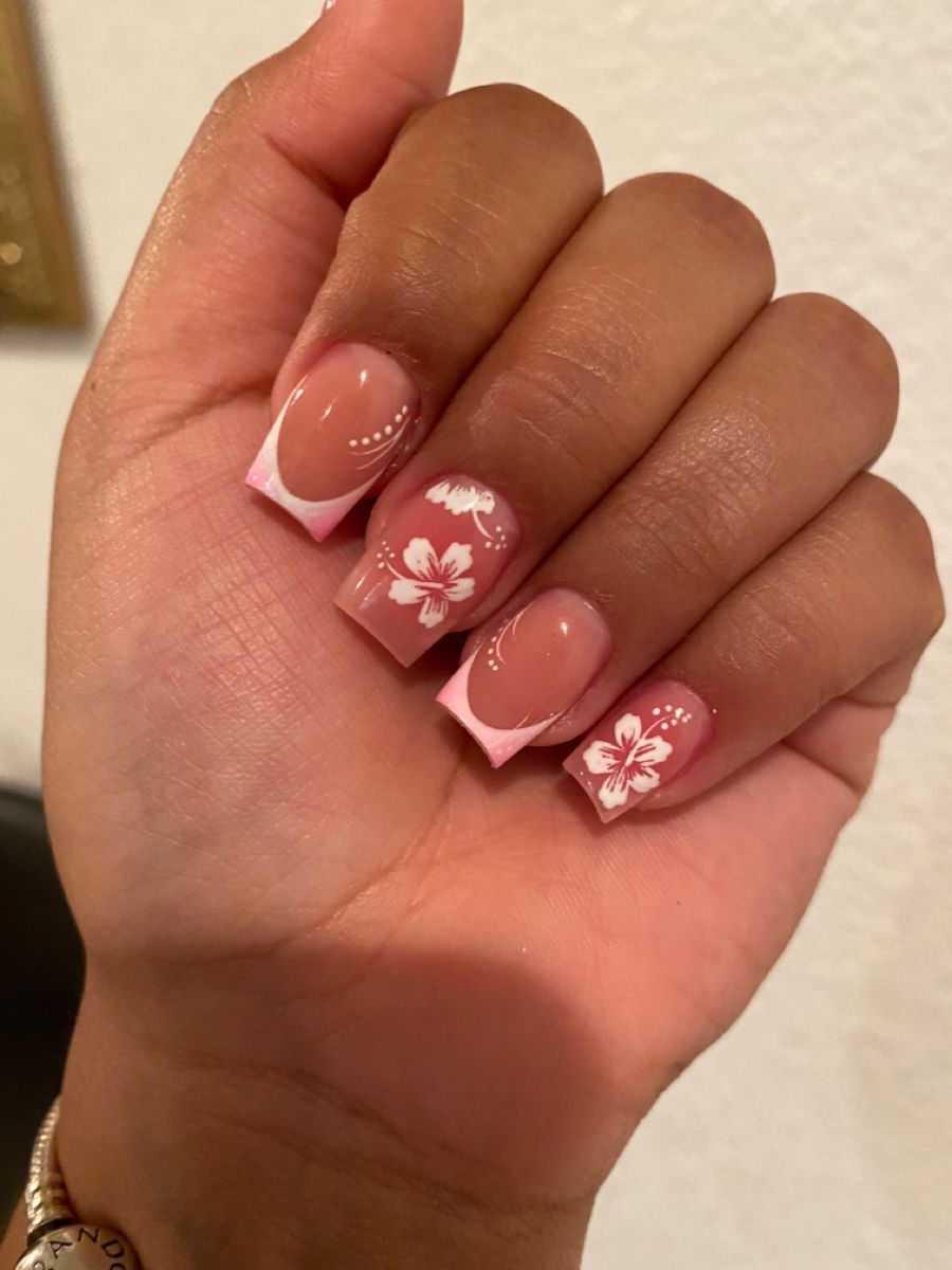 Natural Color Nails with White Tips and Flowers. 