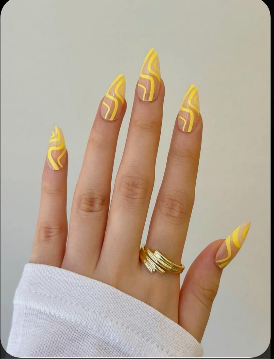 Natural Color Almond Nails with Yellow Curves. 